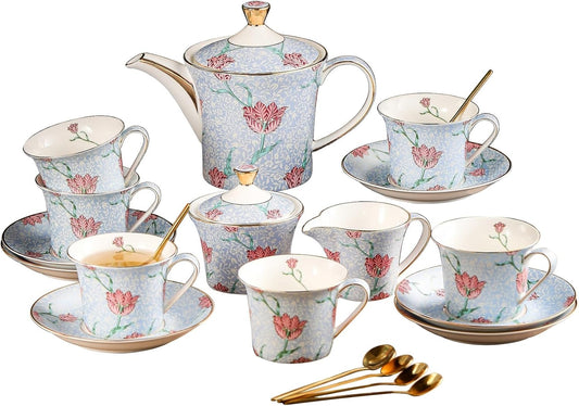 ACMLIFE Tea Set for Adults- Fine China Tea Set for 6, 21-Piece Vintage Coffee Set English Porcelain Tea Pot Sets for Adult Tea Party for Women Gift (Tulip Blue, Extra Large 21)