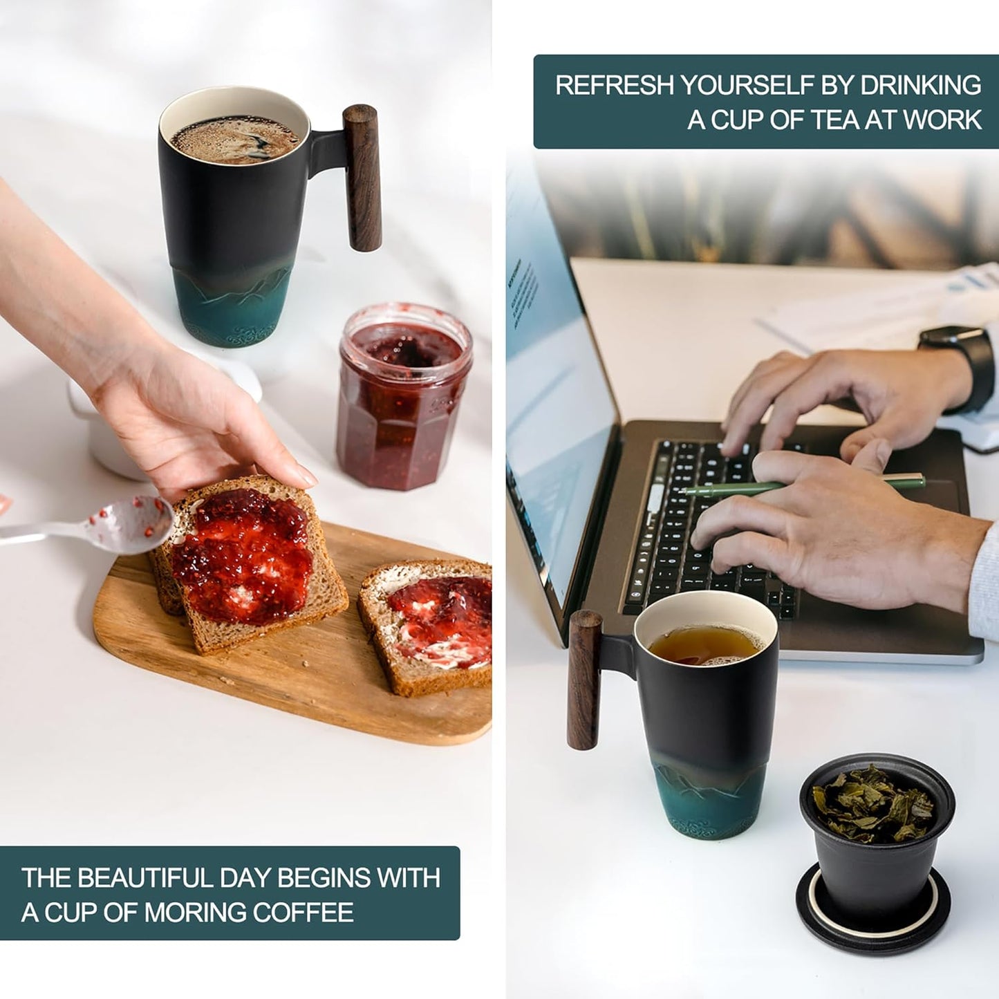 suyika Ceramic Tea Cup with Infuser and Lid Tea Mugs Wooden Handle 400ml/13.5oz Dark Green