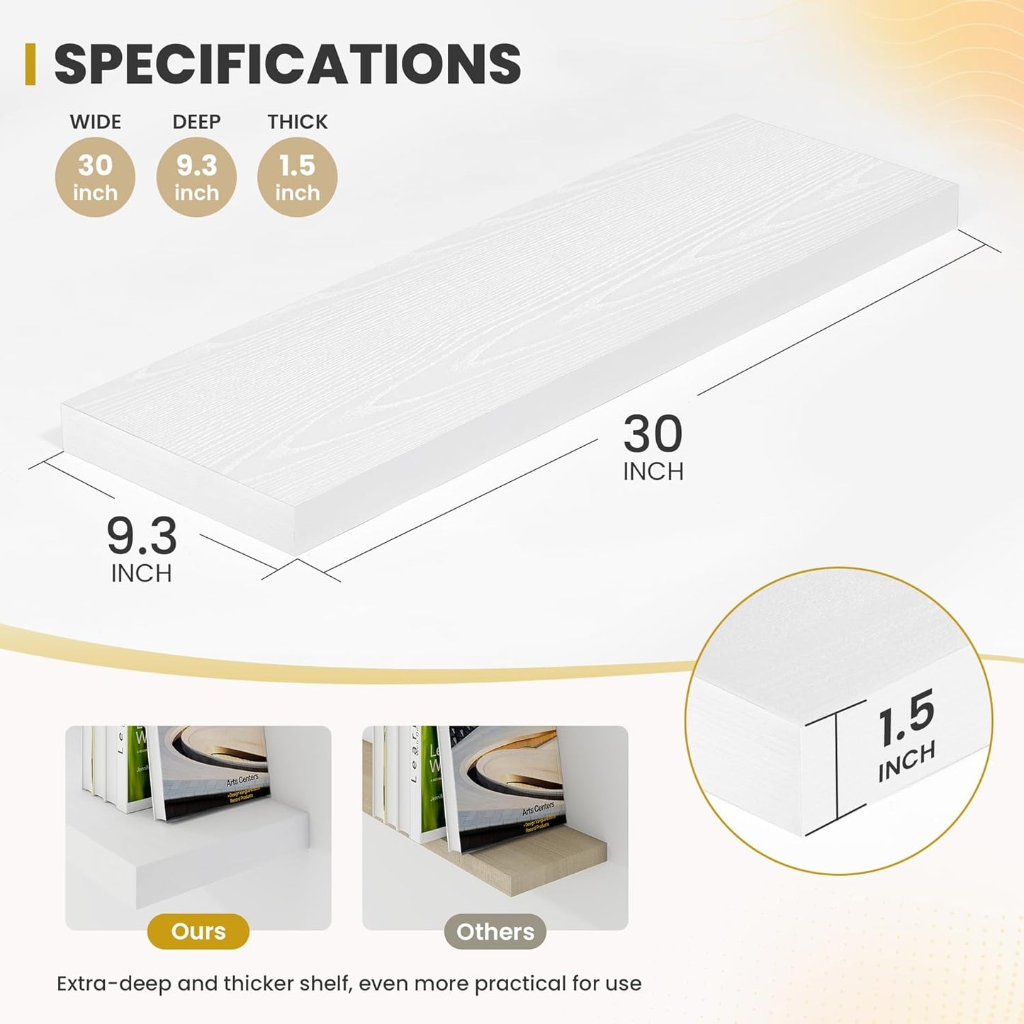 30 Inch Floating Shelves, 9.3" Deep Floating Shelf Wall Mounted, 30" Wall Shelves, Rustic Deep Bookshelf, Large Display Shelves & Storage Shelves for Bedroom, Living Room, White, Set of 2