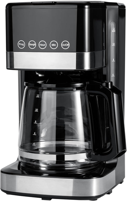Amazon Basics Programmable 12 Cup Drip Coffee Maker, Coffee Machine with Glass Coffee Pot (1.9 Qt), Auto Shut-off, Touch Screen, Auto Pause, Removable Filter Basket, Black & Silver