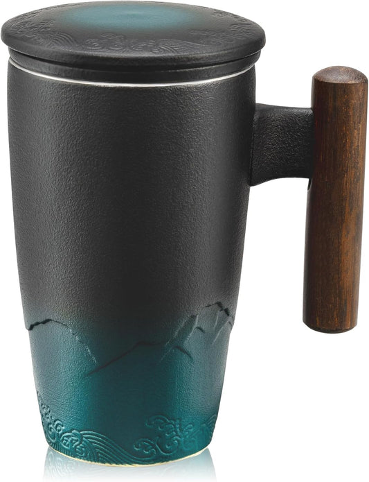 suyika Ceramic Tea Cup with Infuser and Lid Tea Mugs Wooden Handle 400ml/13.5oz Dark Green