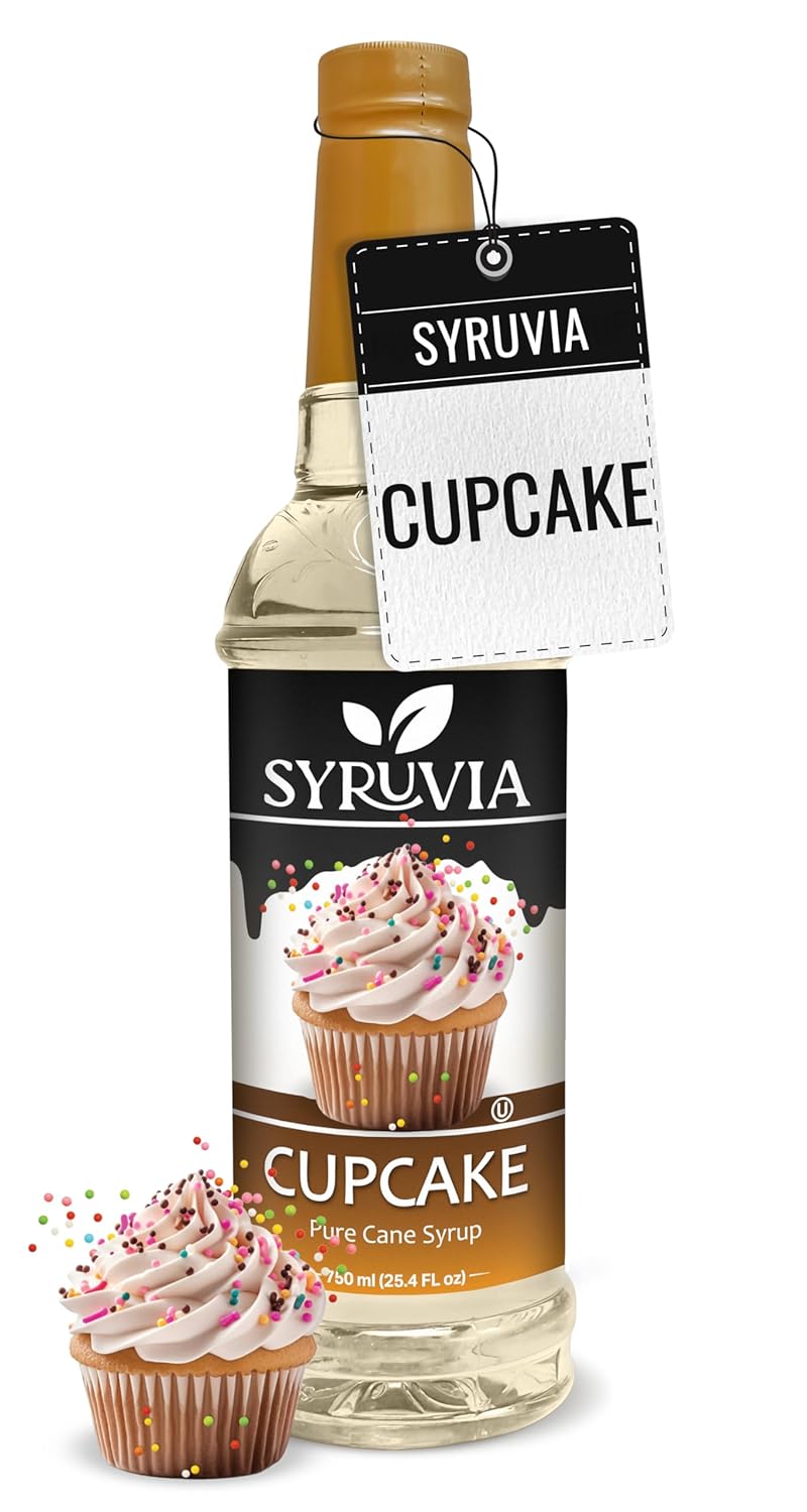 Syruvia Cupcake Coffee Syrup - 25.4 fl oz - Kosher Syrups, Gluten Free, No Coloring, Perfect for Drinks, Soda, Shakes, Desserts, and More.