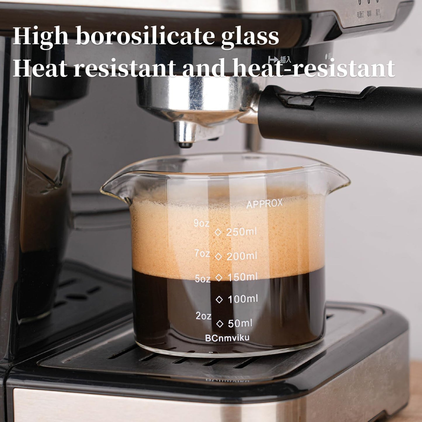 BCnmviku 250ML/8.5OZ Espresso Glass Measuring Cup Triple Pitcher Milk Cup Espresso Cups with U-shape Handle Espresso Shot Glass with V-Shaped Mouth Clear Accessories Milk Frothing Pitcher (1)