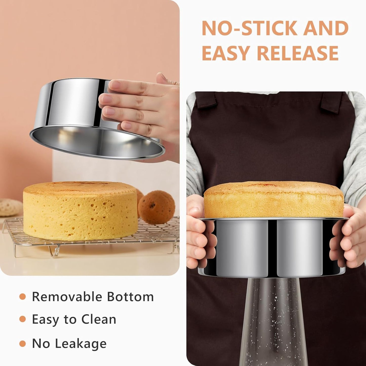 9 Inch Cake Pan, Removable Bottom & Easy Releasing, Leakproof & Nonstick Cake Baking Pan, 304 Stainless Steel Round Cake Pan, Non-Toxic & Healthy, Dishwasher Safe
