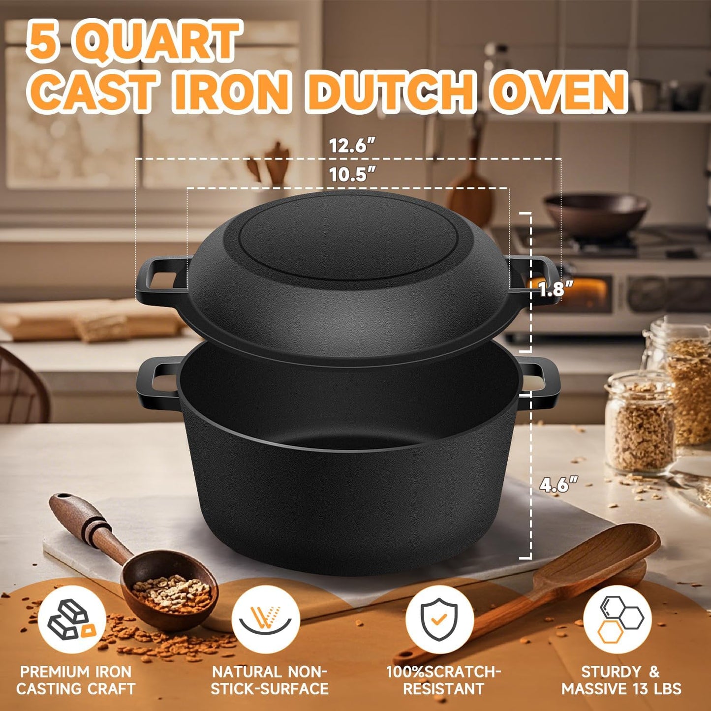 Cast Iron Dutch Oven Bread Baking Kit - 10-Piece Set with Banneton Basket, Dough Scraper, pizza shovel，Bread Lame, Whisk, Brush, and Silicone Grips with Skillet Lid Cooking Pan Handles Lame, 5QT