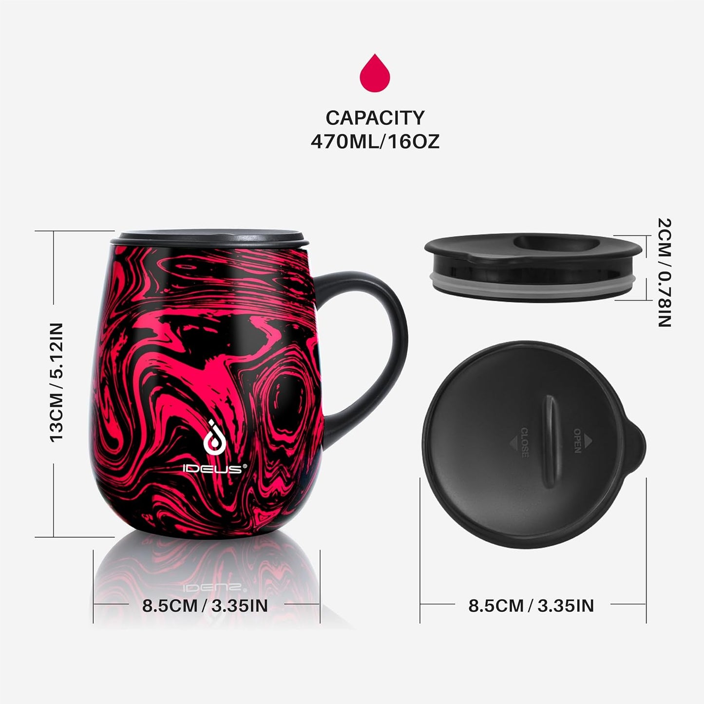 Ideus 16 oz (470 ml) Insulated Coffee Mug with Handle and Lid, Double Wall Stainless Steel Vacuum Thermal Coffee Mug, Travel Coffee Cup Thermal Cup for Home and Office (Red Zebra)