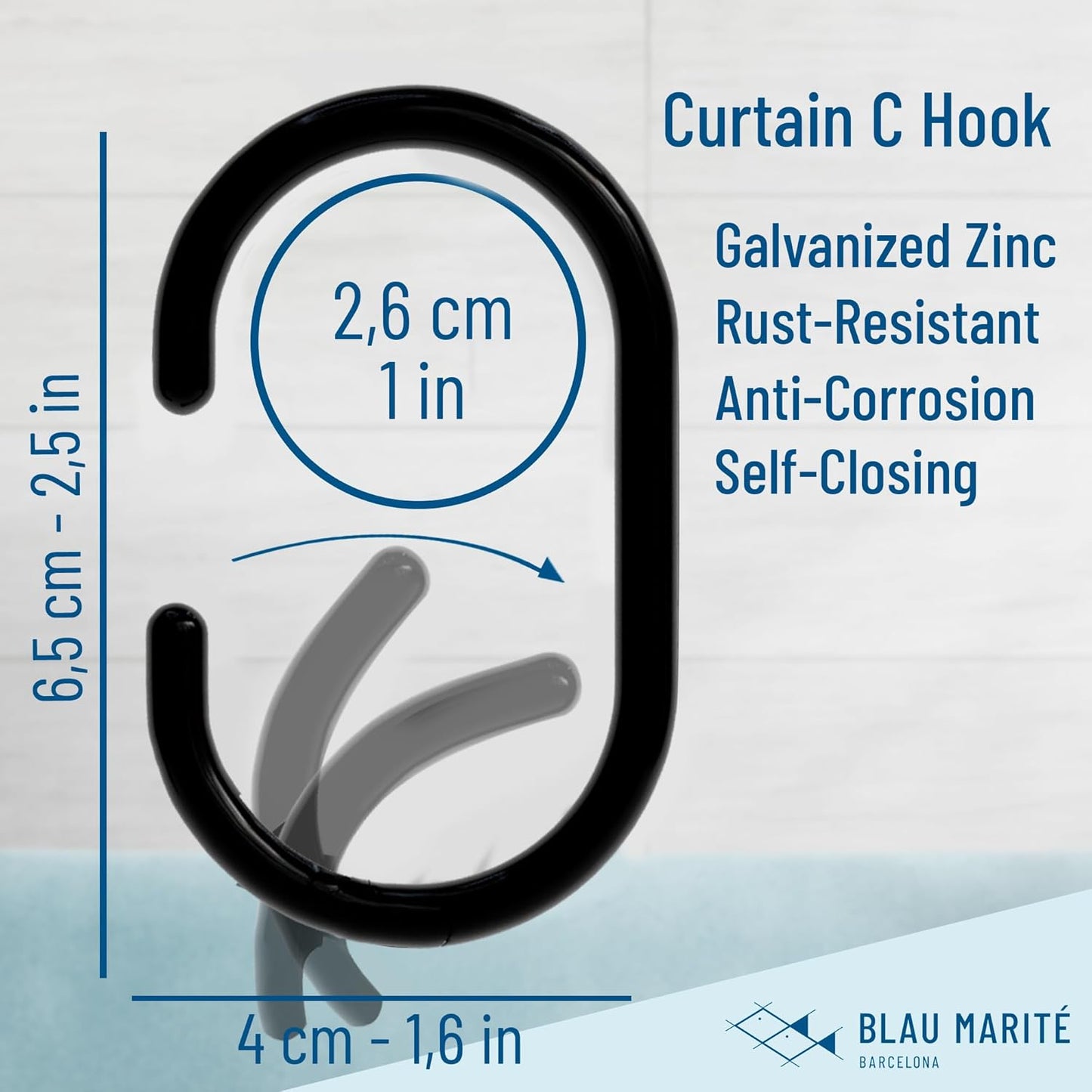 12 Metal Shower Curtain Hooks, Rust-Proof Decorative C-Shaped Curtain Hooks for Bathroom, Black Shower Curtain Rings, Fits Rods Up to 1 Inch (C, Black)