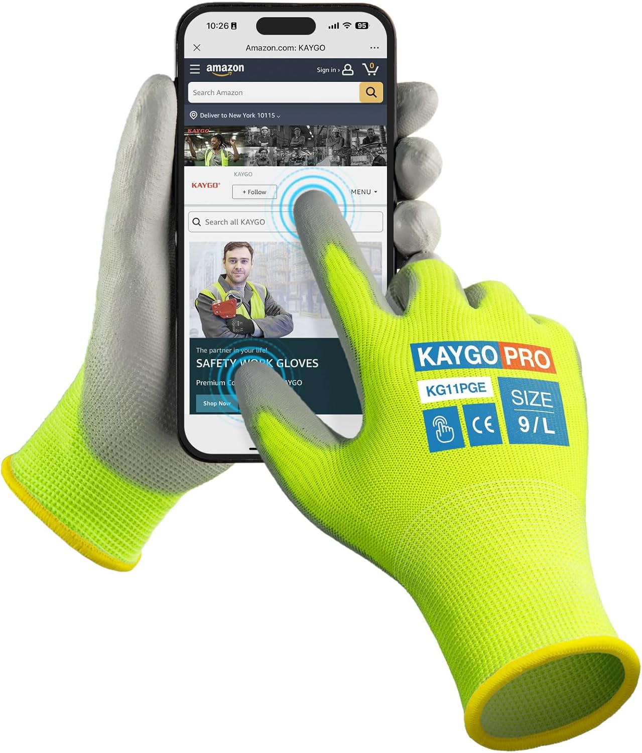 KAYGO Safety Work Gloves PU Coated for Men and Women- KG11P,12 Pairs,Seamless Knit Glove with Two Fingers Touchscreen,Ideal for General Duty Work (Green,L)