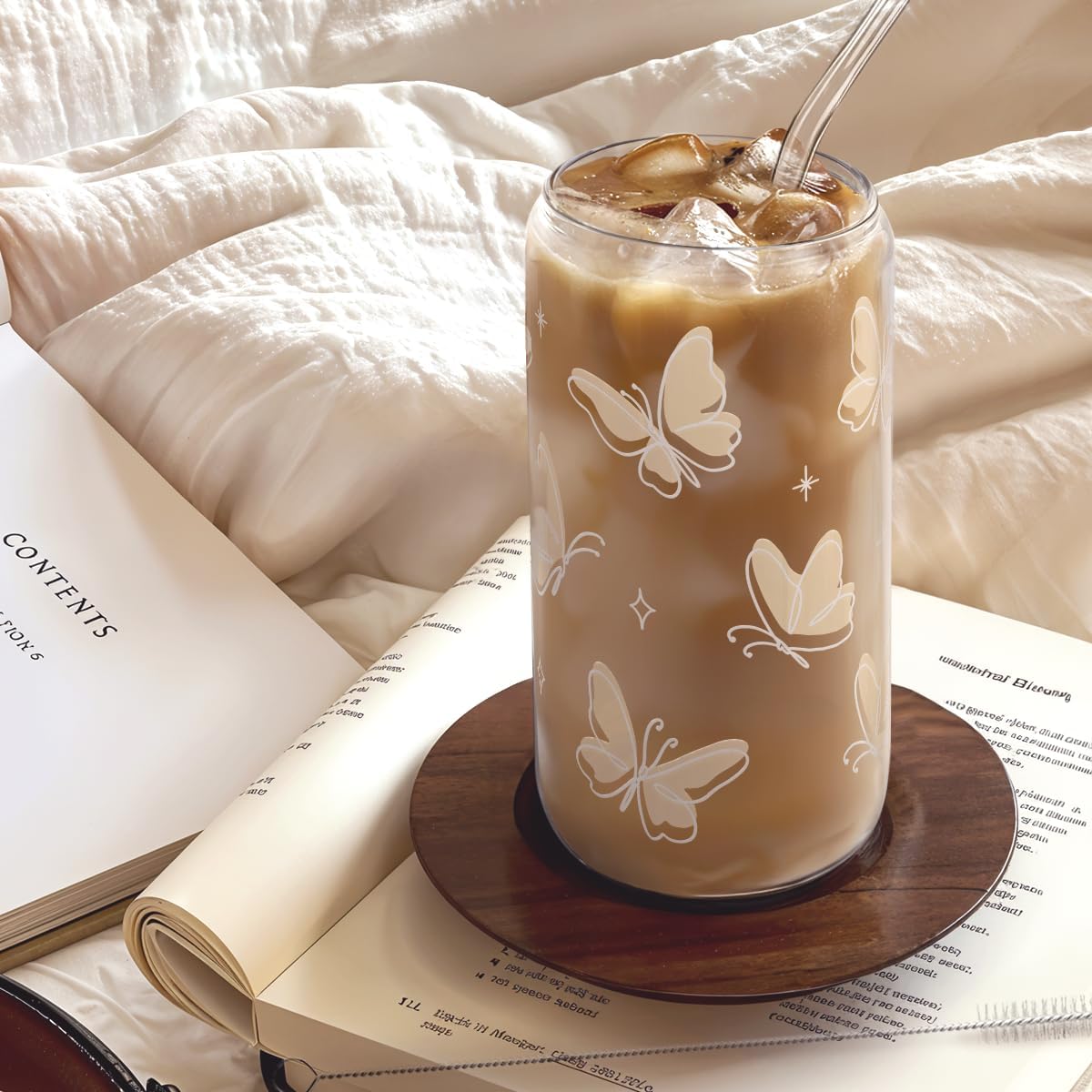 SANDJEST Butterfly Glass Can, Iced Coffee Aesthetic,Cup, Gifts for Christmas Birthday, Gift for Women Girls, 16oz