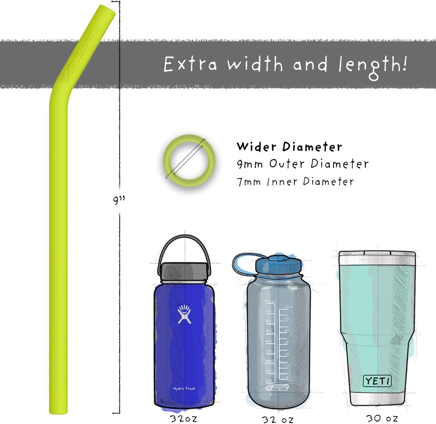 Wide Premium Reusable Silicone Drinking Straws + Patented Straw Squeegee - 9” Long With Curved Bend for 20 30 32 oz Tumblers Non Rubber, Flexible, Safe for Kids/Toddlers, Smoothie