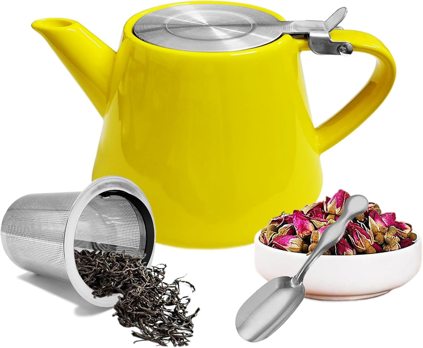 Ceramic teapot, 19oz Tea pot for loose leaf tea, Tea infuser pot with Removable 18/8 Stainless Steel Infuser and teaspoon, Suitable for 1-2 people to brew tea or coffee (yellow)
