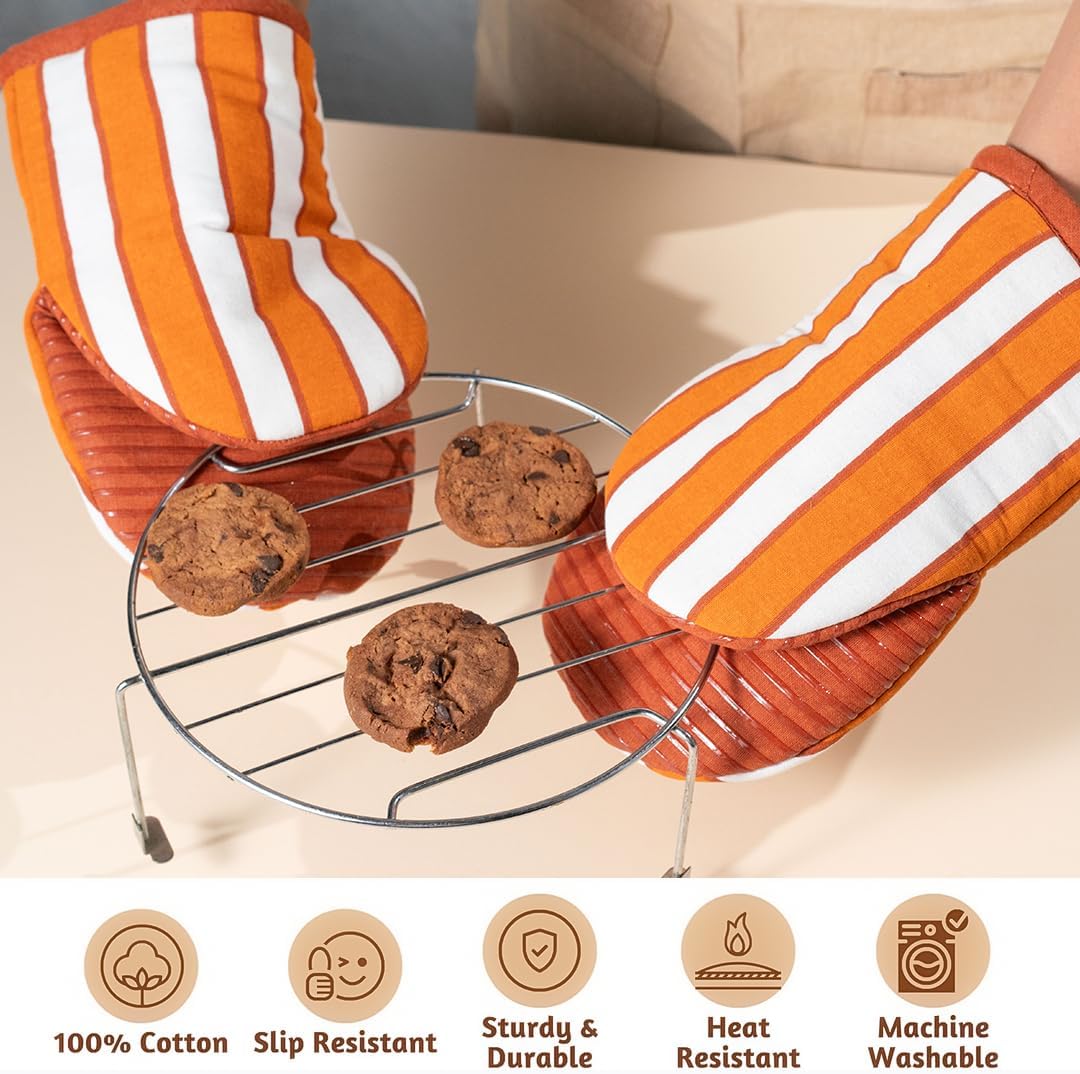 Folkulture Mini Oven Mitts Heat Resistant | (5.75x9) Set of 2 Short Orange Fall Oven Mitts with Hanging Loop | 100% Cotton Oven Gloves | Fall Essentials, Small Rust Orange Silicone Oven Mits