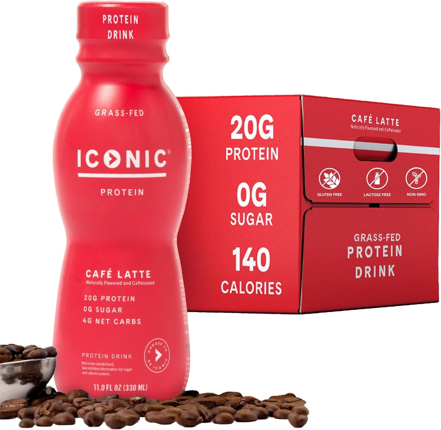 Iconic Protein Drinks, Café Latte (12 Pack) - Sugar Free & Low Carb - 20g Protein + 100mg Caffeine - Lactose Free, Gluten Free - Keto Friendly Protein Coffee