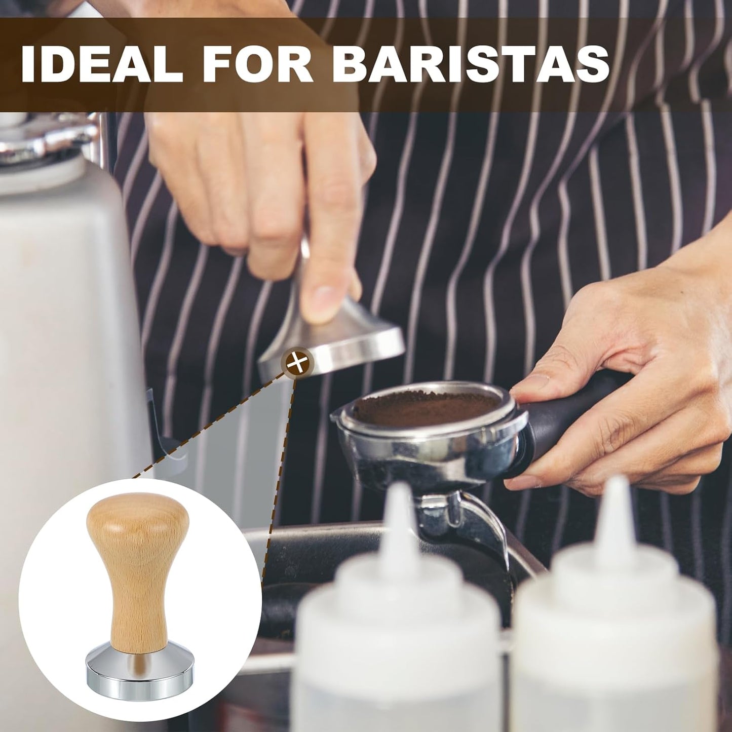 uxcell 51mm Coffee Tamper, Stainless Steel Espresso Press Tamper, Espresso Tamper with Wooden Handle Suitable for Coffee Shop, Restaurant Bar, Bakery (Light Brown)