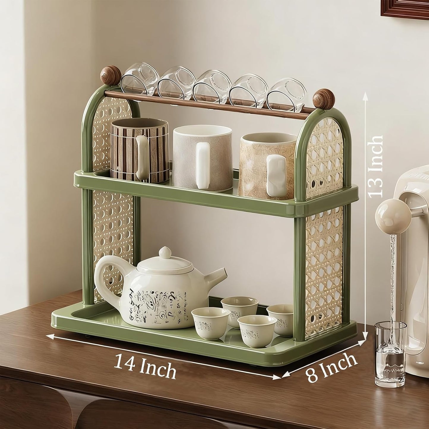 2-Tier Rattan Organizer Vintage Coffee Mug Cup Holder for Countertop Kitchen Bedroom and Living Room, Saucer Bottle Storage Kitchen Accessories (Green)