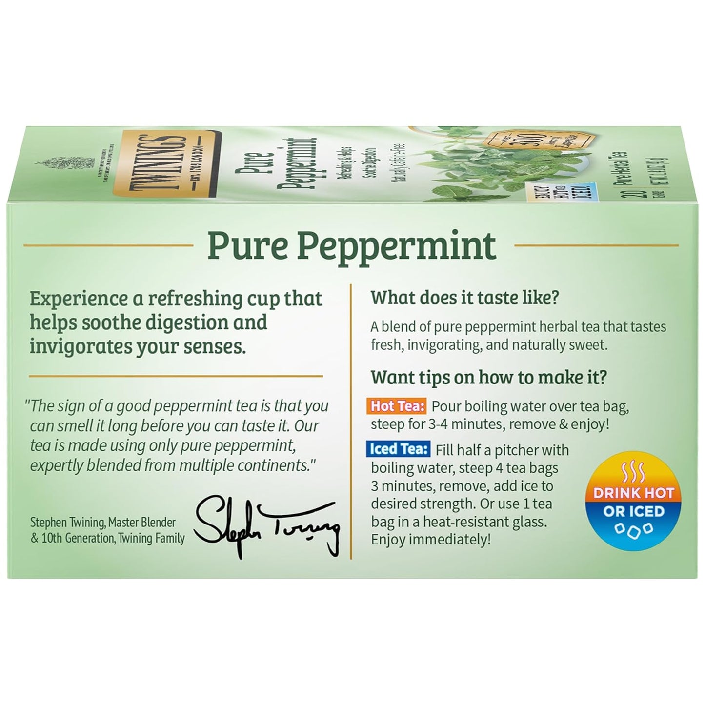 Twinings Pure Peppermint Individually Wrapped Tea Bags, 20 Count (Pack of 1), Fresh Minty Flavour, Naturally Caffeine Free, Enjoy Hot or Iced