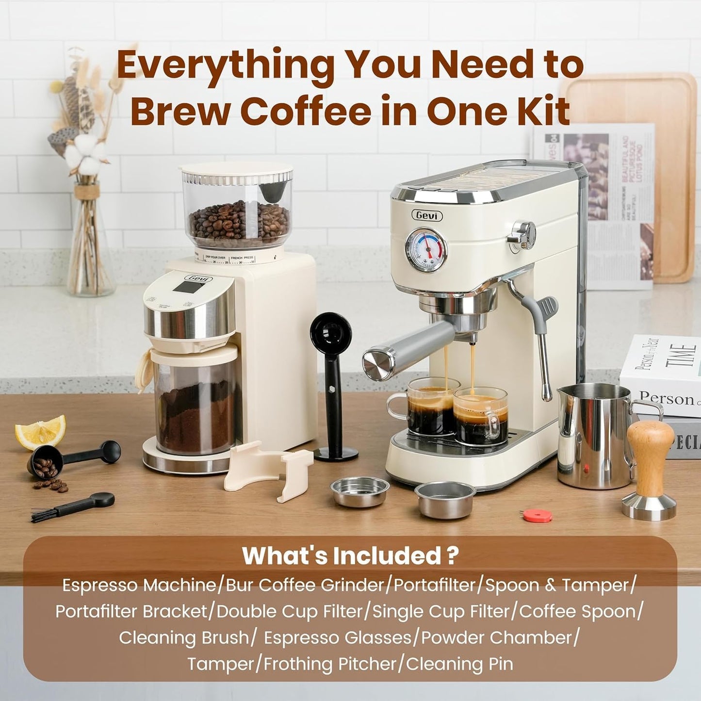 Gevi 20 Bar Espresso Coffee Machine with Burr Grinder Set | 35 Precise Grind Settings | Milk Frother for Latte Cappuccino | Professional Home Barista Kit | Gift for Coffee Lovers