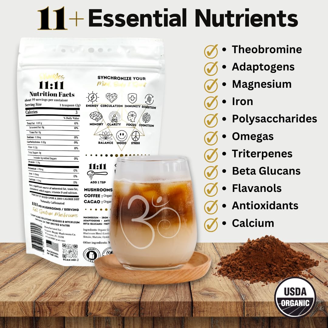 Organic Mushroom Coffee with Cacao – 11x Adaptogenic Mushrooms for Focus, Clarity & Energy – Lion’s Mane, Reishi, Chaga + Nootropic Superfood by OhmYes (7oz) - 99 Servings