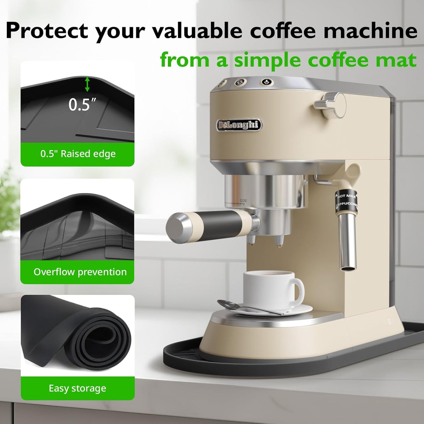 Silicone Coffee Mat,15.8"x 7.8"in Bar Mat for Countertop,Heat-Resistant,Non-Slip,Leak-Proof,Fit for Coffee Maker/Espresso Machine-Black