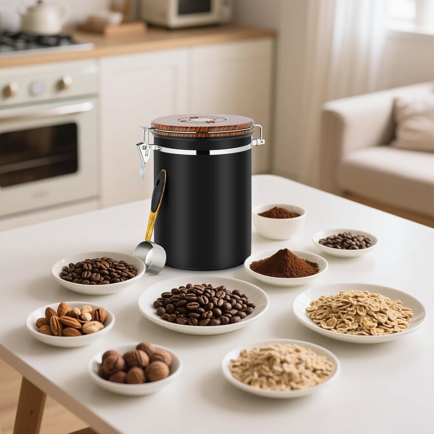 Coffee Canister, 35OZ Stainless Steel Coffee Bean Storage for 1kg Beans, Food Storage Container with Date Tracker, Scoop & CO2 Valve, Storage Jar for Grounds, Beans, Sugar, Tea