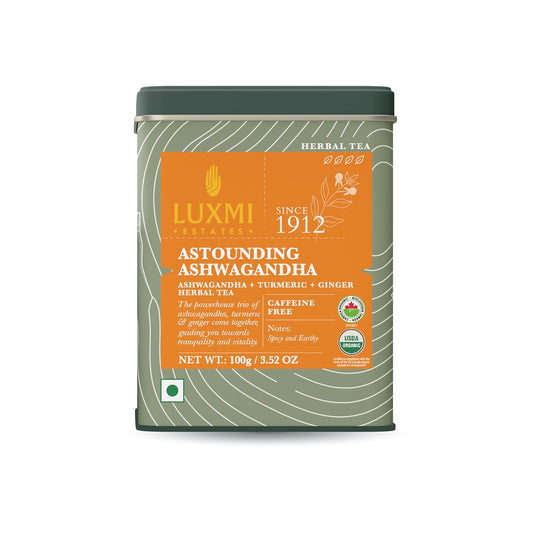 Luxmi Estates - Astounding Ashwagandha - Organic Loose Leaf Tea - 100g (50 Cups) | With Ashwagandha, Turmeric, Ginger, Lemongrass & More | Perfect Stress Relief Tea
