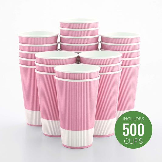 Restaurantware 16 Ounce Ripple Wall Disposable Coffee Cups, 500 Insulated Light Pink Paper Tumblerss for Hot Drinks like Tea and More, Rolled Rim Design, Lids Sold Separately