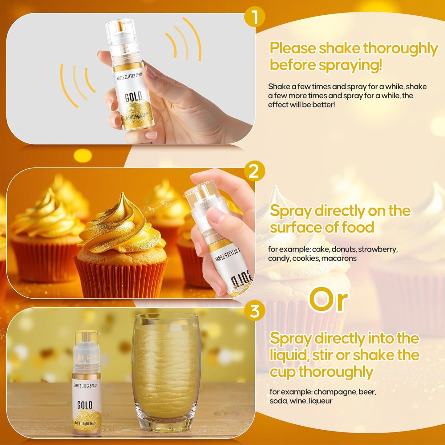 Edible Glitter Spray,Gold & Silver 2 Colors Food Grade Edible Glitter Set for Drink Cake Beverages,Cupcakes,Cake Pops and Cookies Decorating