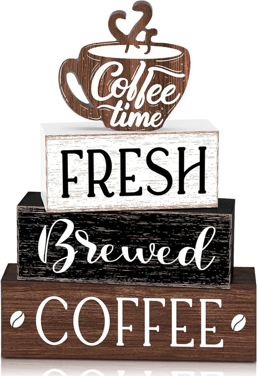 Farmhouse Coffee Bar Accessories Decorations Rustic Coffee Wood Sign Cafe Table Centerpieces Rustic Cafe Bar Decorations for Home Kitchen Shelf Desk Tiered Tray Decor
