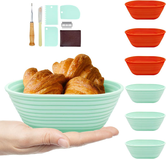 Silicone Banneton, Sourdough Bread Baskets (Set of 6, 6.5 Inch), Oval Proofing Bread Bowls with Starter Kit, Bread Making Baking Supplies