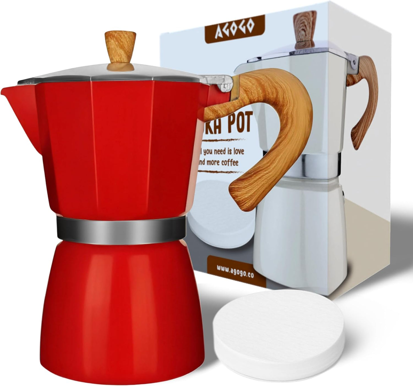 AGOGO Milano Moka pot, Stovetop Espresso maker, Greca Coffee Maker, Stovetop coffee maker and espresso maker percolator With Paper Filter 6 Cup Red
