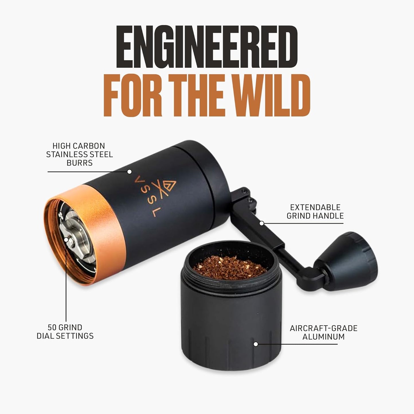 Java G25 Manual Coffee Grinder | Coffee for Camping | Bean Grinder | Travel Pour Over | Stainless Steel Conical Burr | ~ 25 Gram Capacity | Extendable Grind Handle | 50 Grind Settings | Carbon