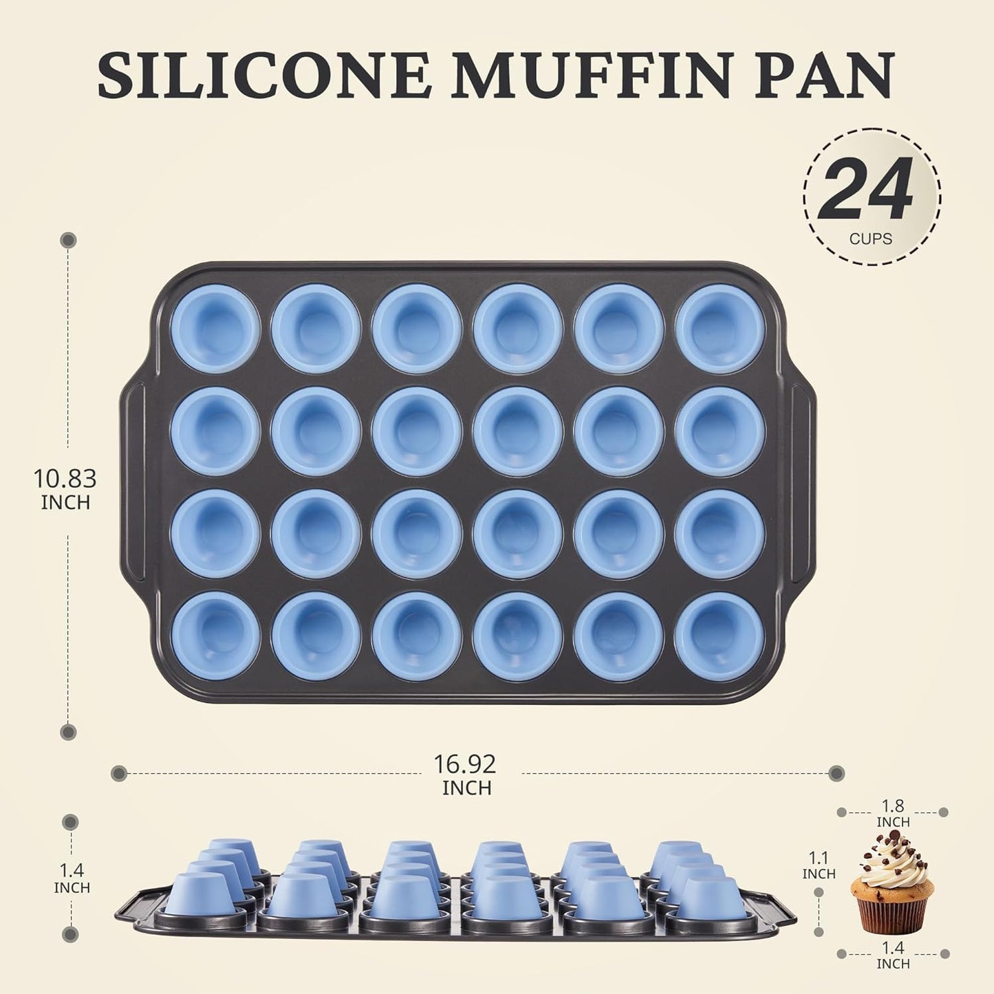 BRONYPRO Silicone Mini Muffin Pan with Metal Frame, Egg Bite Molds for Baking,Cupcake Pan 24 Regular Size, Mini Muffin Tin Easy to Pop Nonstick Non Toxic Bakeware for Oven,Blue