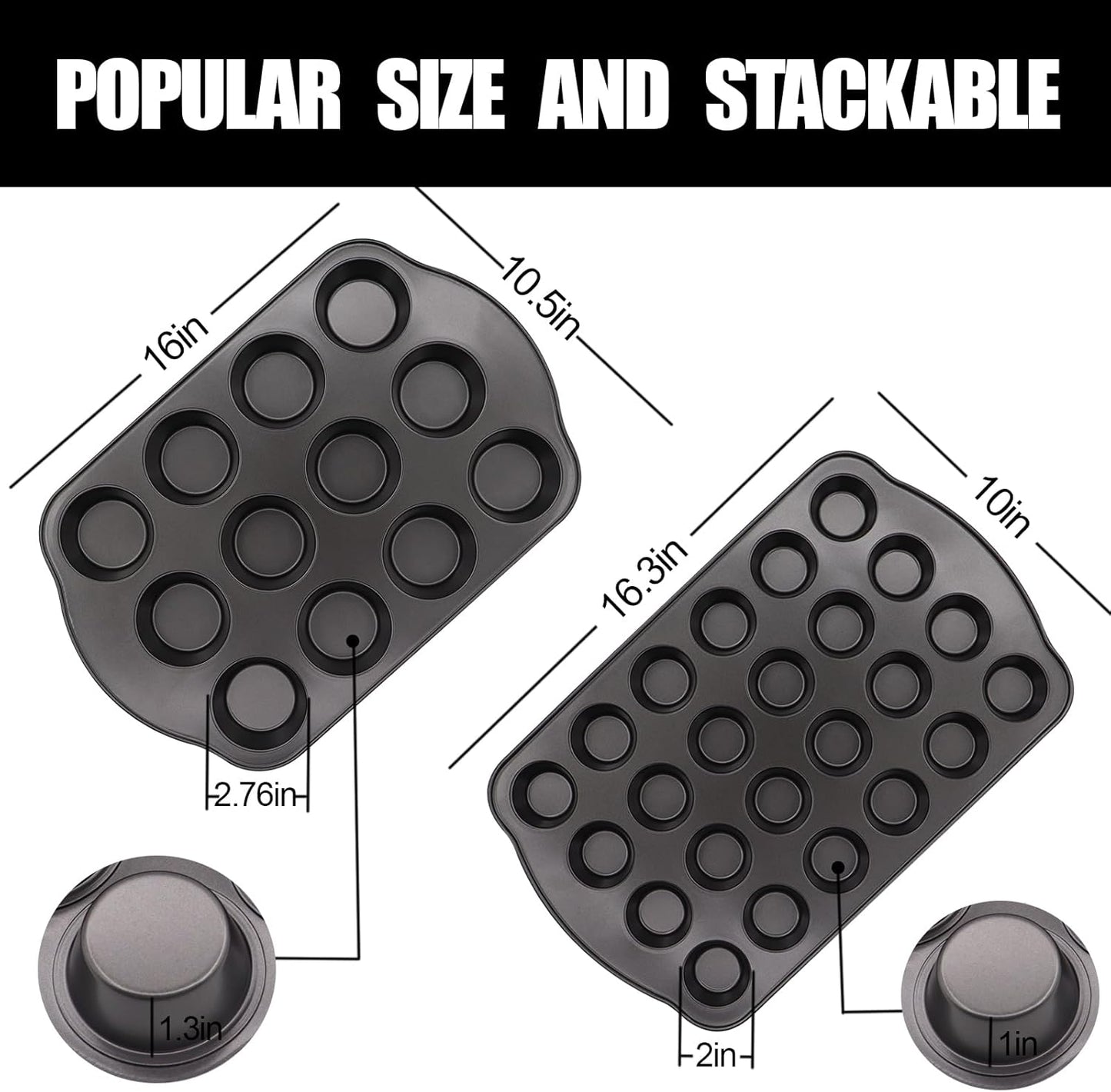 12+24 Muffin Pan Set (2 Pack) - Nonstick Cupcake Tins Dark Gray | Heavy Duty Carbon Steel, Rustproof, Oven Safe Baking Gift