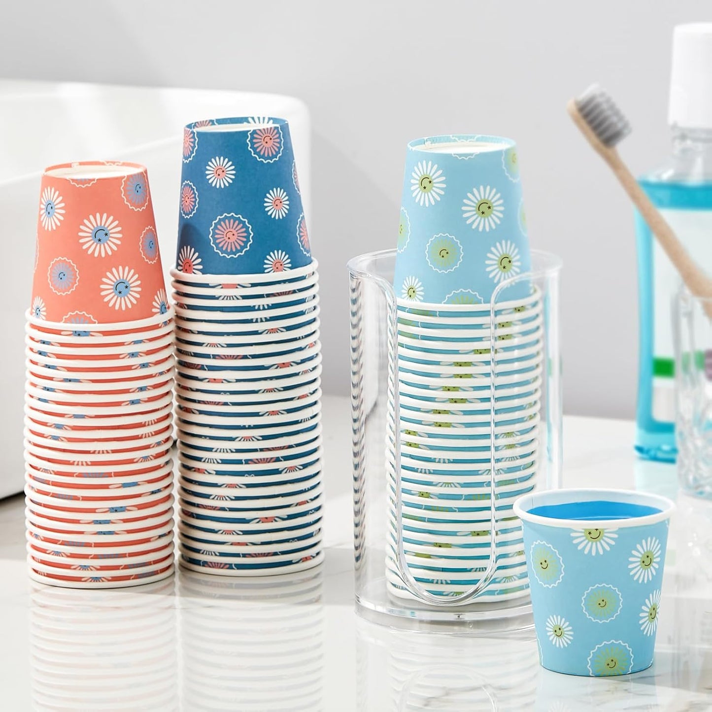 300 Pack 3 oz Paper Cups, Disposable Bathroom Cups, Small Mouthwash Cup, Hot/Cold Beverage Drinking Cups, Mini Paper Cups for Bathroom, Birthday Party, Travel, Events, Picnic, BBQ (Daisy)