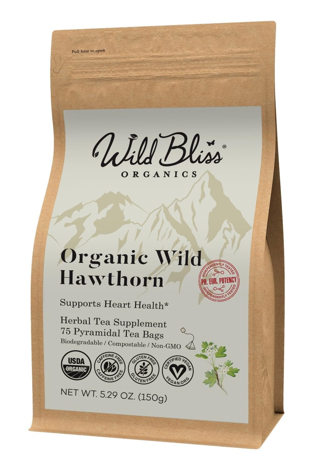 Organic Wild Hawthorn Leaf and Flower Herbal Tea - Caffeine Free - Pharmacopoeia Potency - 75 Plant Based Tea Bags