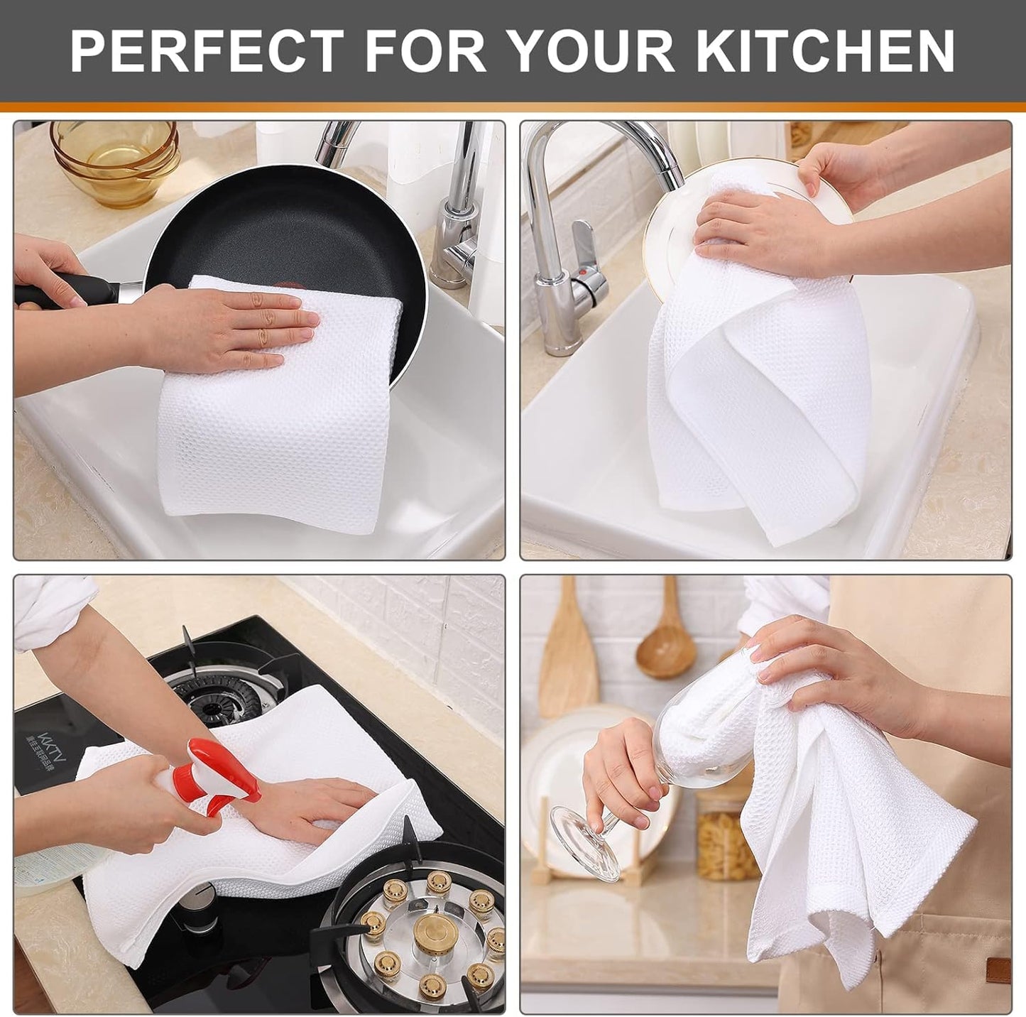 Kitinjoy 100% Cotton Waffle Weave Kitchen Towels, 8-Pack Super Soft and Absorbent Dish Towels for Drying Dishes, Kitchen Hand Towels, 13 in x 28 in, White