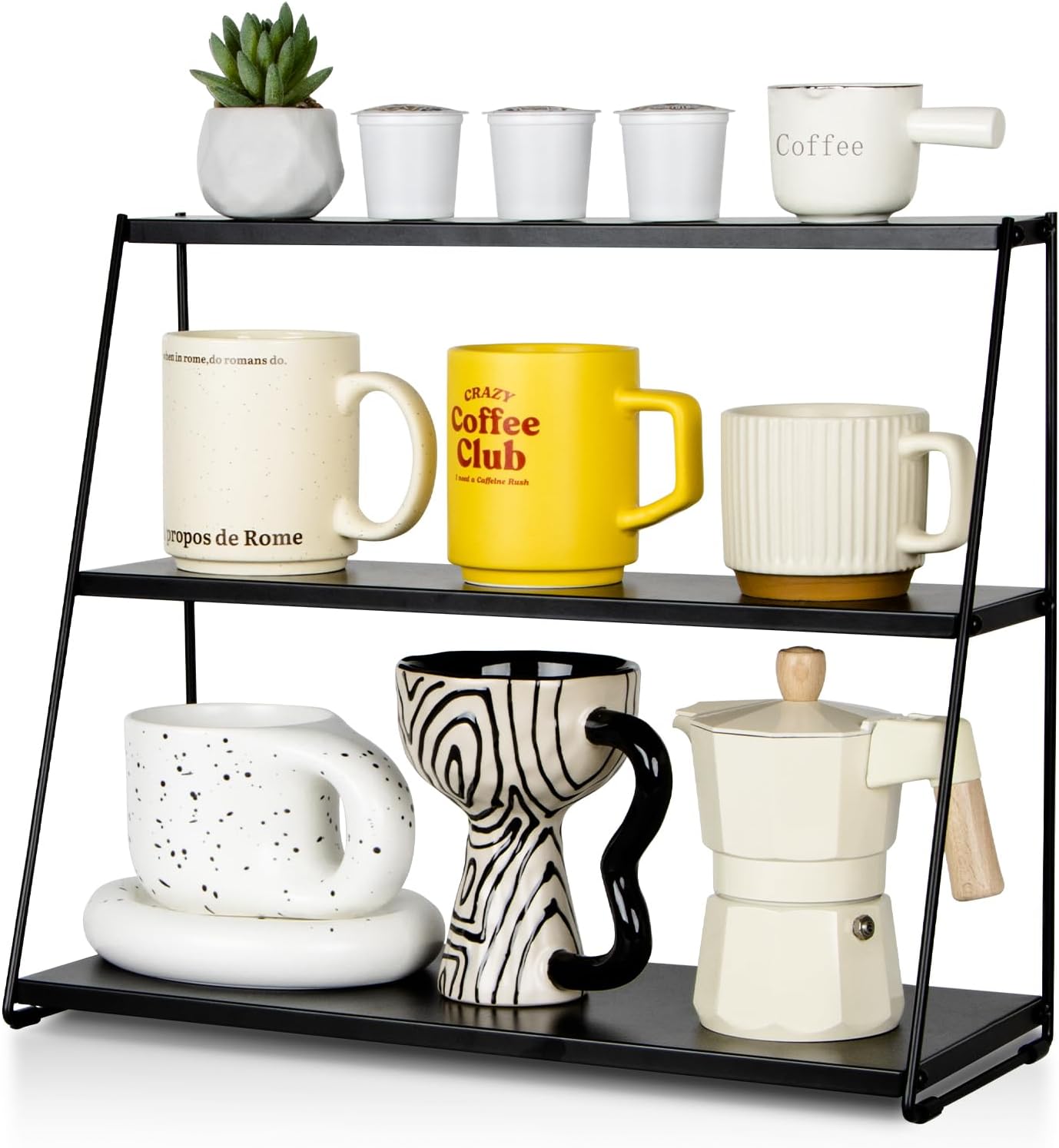 PUERSI Coffee Mug Holder, Metal Mug Display Rack for Countertop, 3 Tier Mug Shelf, Coffee Station Accessories Organizer for Kitchen, Office, Home - Black
