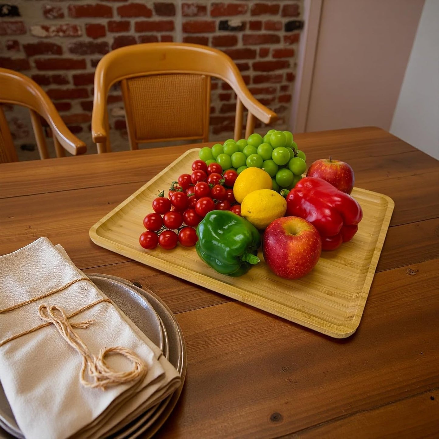Bamboo Serving Tray Rectangle Platter Breakfast Dinner Food Bed Tray for Eating Kitchen Restaurants (1, 15.7" x 12.8" x 0.8" (no Handle))