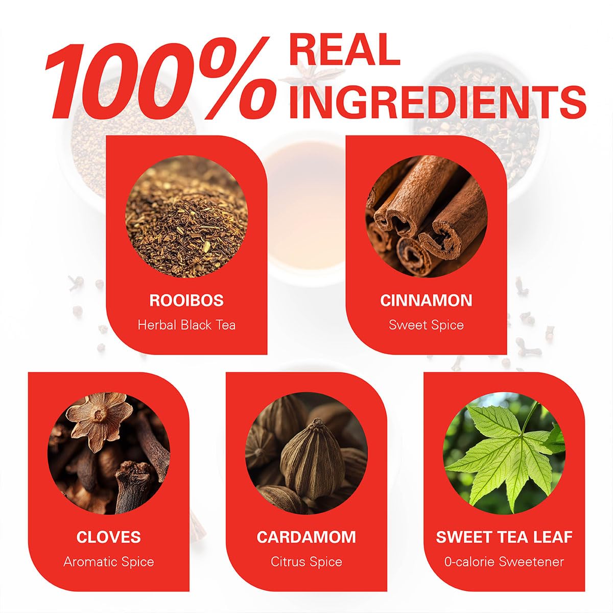 WT WEETEE Rooibos Chai Tea Bags, South African Red Tea with Cinnamon, Cloves, Cardamom, Natural Caffeine-free Herbal Tea, 50 Counts Spiced Rooibos Tea
