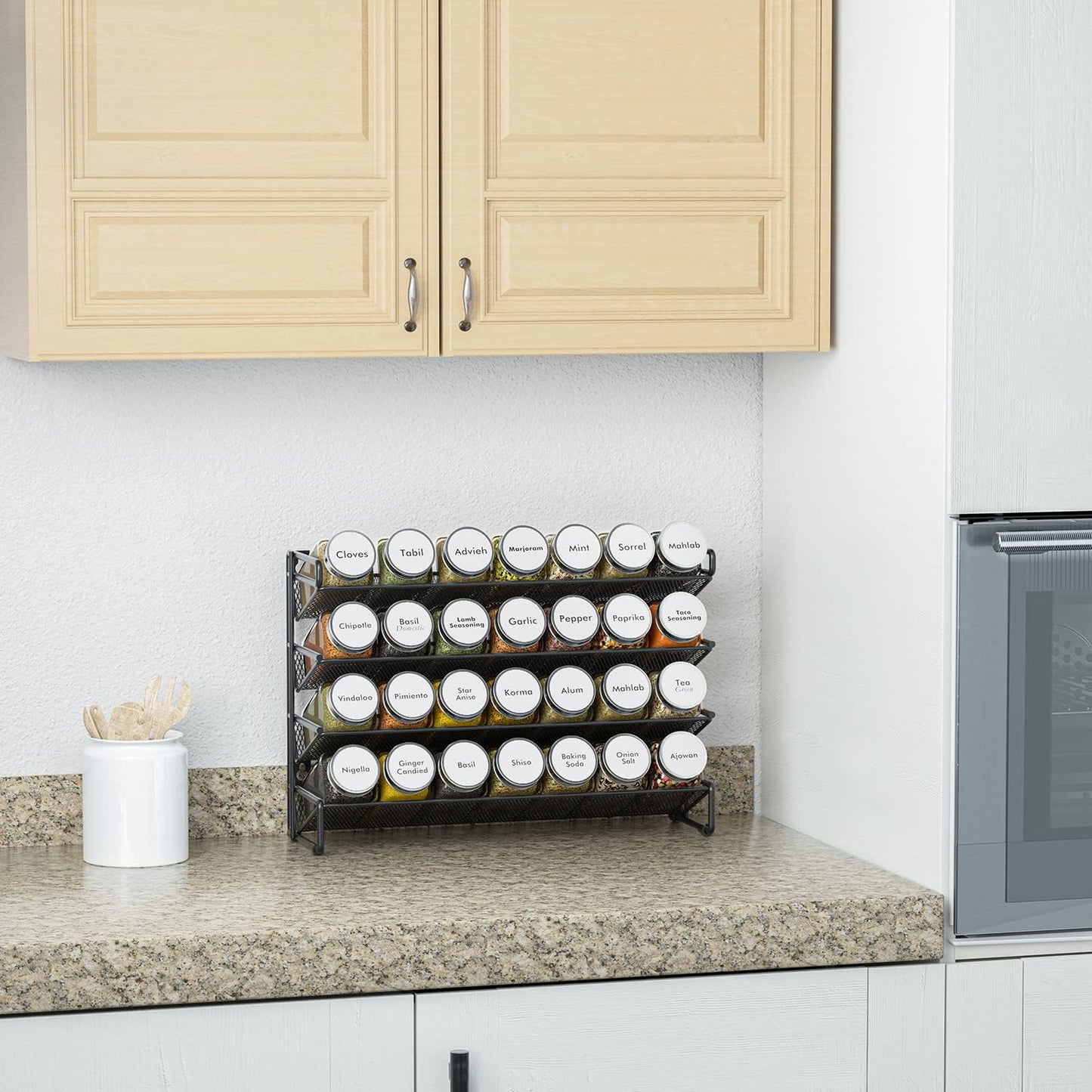 SpaceAid Spice Rack Organizer with 28 Spice Jars, 386 Spice Labels, Chalk Marker and Funnel Set for Cabinet, Countertop, Pantry, Cupboard or Door & Wall Mount - 28 Jars, 13.4" W × 10.8" H, White