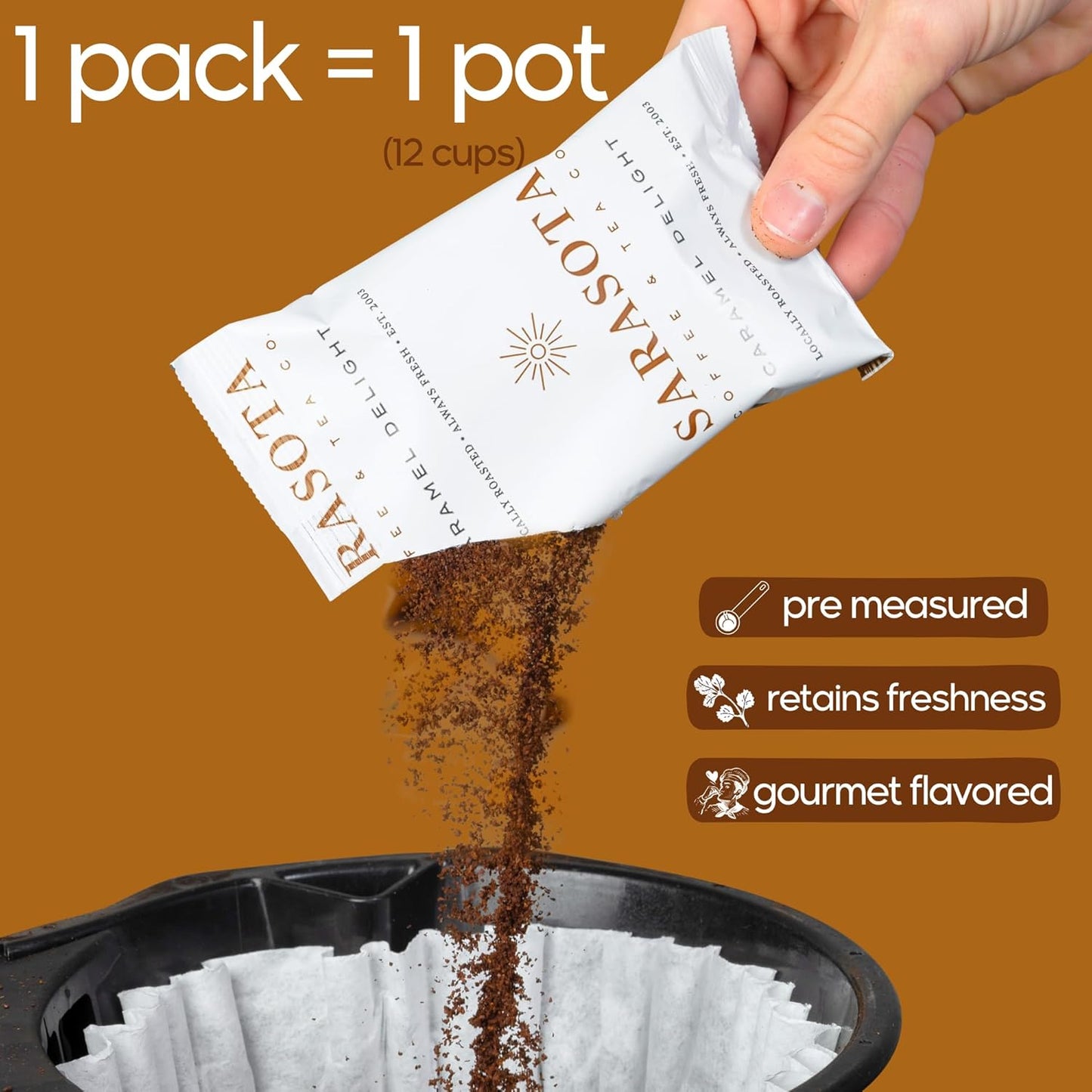Sarasota Coffee Ground Packets | Gourmet Flavored Medium Roast Bulk Coffee Packs | Salted Caramel | Low Acid Mold Free Singles Individual Pouches for 12 Cup Coffee Maker | 2 Ounce Bags, 36 Count