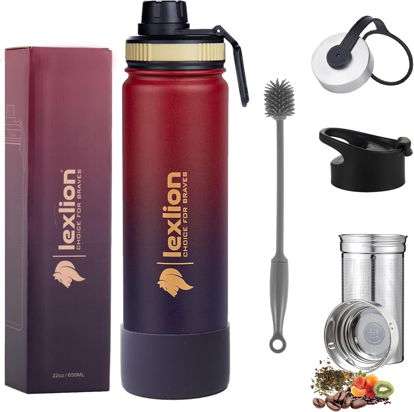 Lexlion 22 Oz Fruit Infuser Water Bottle - Triple Walled Insulated Stainless Steel, Thermal Leaf Infuser, Silicone Sleeve, 3 Leakproof Lids, Metal Mug Gallon