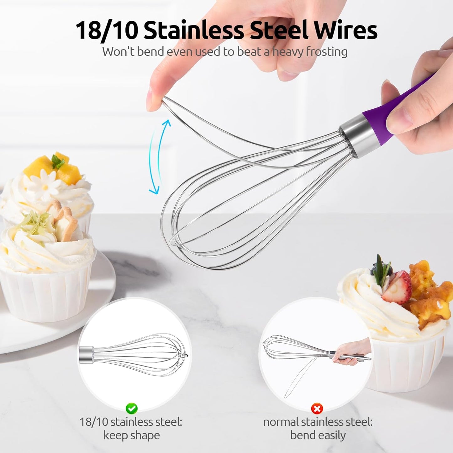 U-Taste 9" Small Egg Whisk: 18/10 Stainless Steel Kitchen Cooking Wire Balloon Wisk, Heavy Duty Metal Beater Stirrer, Manual Baking Tool with 6 Flex Wires for Hand Mixing, Blending Sauce (Purple)