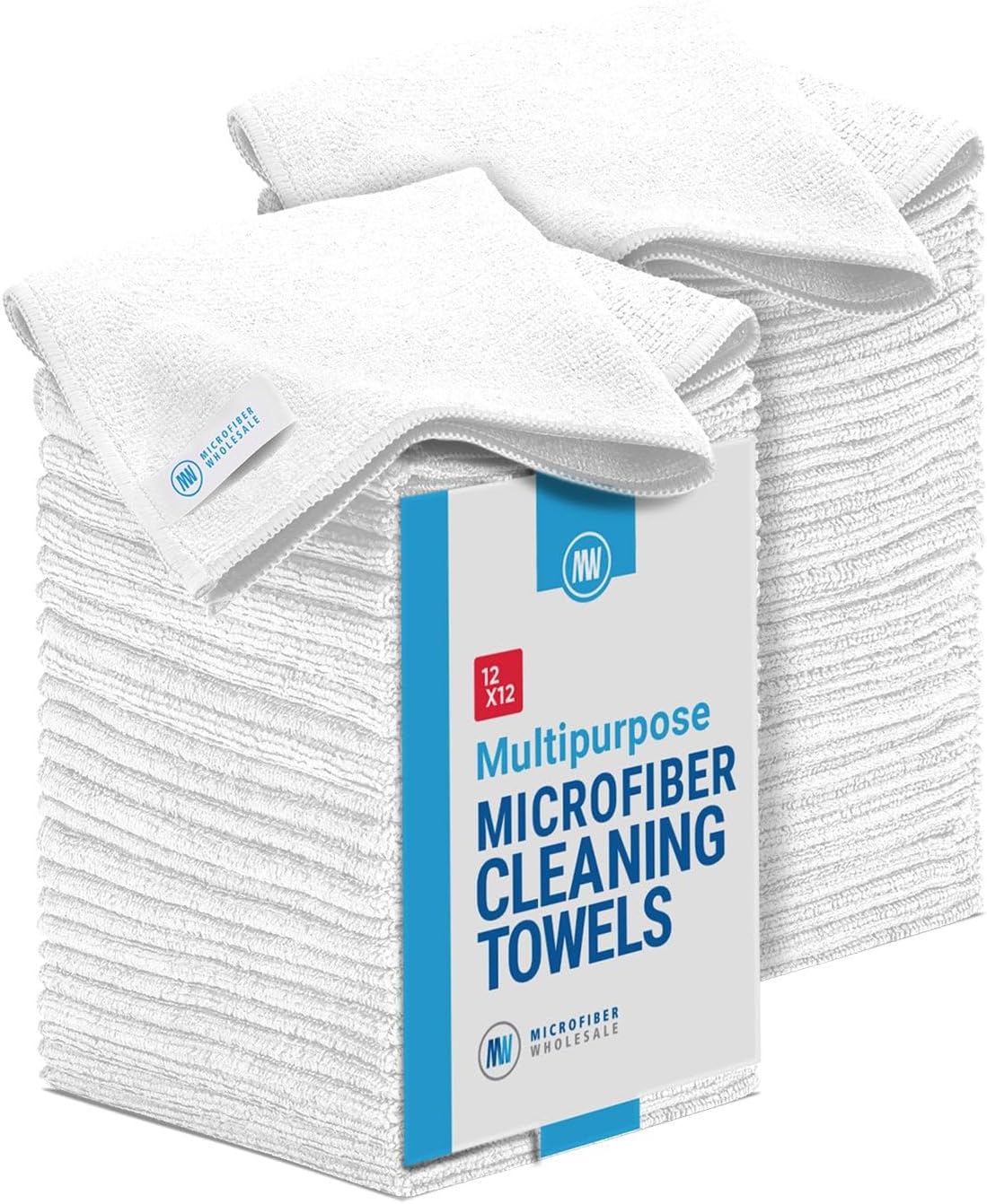 12" x 12" Microfiber Cleaning Cloths (50 Pack) - Reusable Towels, Wash Rags, Dust Cloth, All-Purpose: Kitchen, Dish, Cars, Shop, Glass (White)
