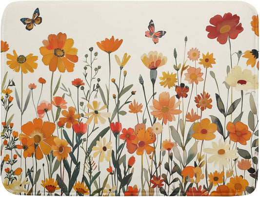 Fall Orange Wildflower Dish Drying Mat for Kitchen Counter,Autumn Floral Butterflies Drying Mat 18 x 24 Inch with Absorbent Reversible Microfiber Dish Drying Pad Dish Pad for Coffee Bar