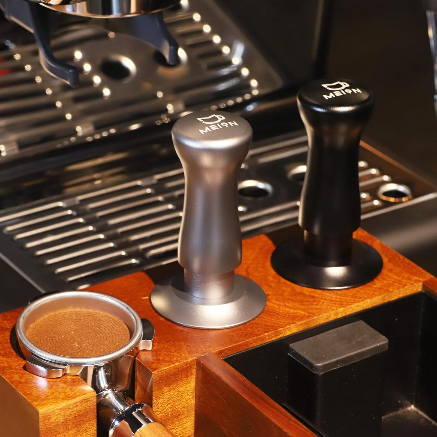 MEION Espresso Tamper 58.5mm Coffee Tamper, Calibrated Dual Spring Loaded Barista Tamper with Stainless Steel Base, Comes with aluminum storage pad (58.5MM, Silver)