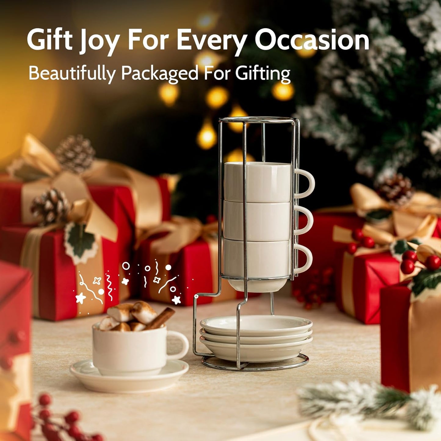 Sweese 8 Ounce Porcelain Stackable Cappuccino Cups with Saucers and Metal Stand - for Specialty Coffee Drinks, Cappuccino, Latte, Americano and Tea - Set of 4, White