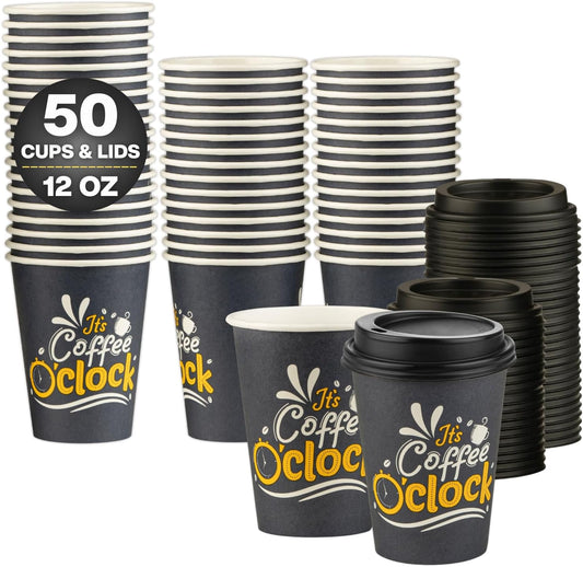 Smygoods Disposable Coffee Cups with Lids, To Go Paper Hot Cups, Coffee O'Clock Design (12 OZ, 50 Count) For Hot Beverages, Coffee, Tea, Espresso, Cocoa - Vasos Para Cafe