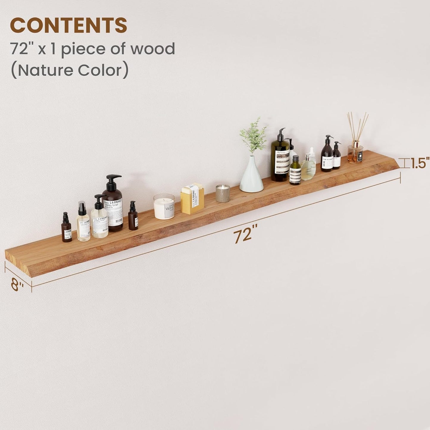 Floating Shelves for Wall Decor, Rustic Solid Elm Wood Live Edge Floating Shelves Wall Mounted, Wall Shelves with Invisible Bracket for Living Room Bathroom Bedroom Kitchen, 72 Inch, Natural