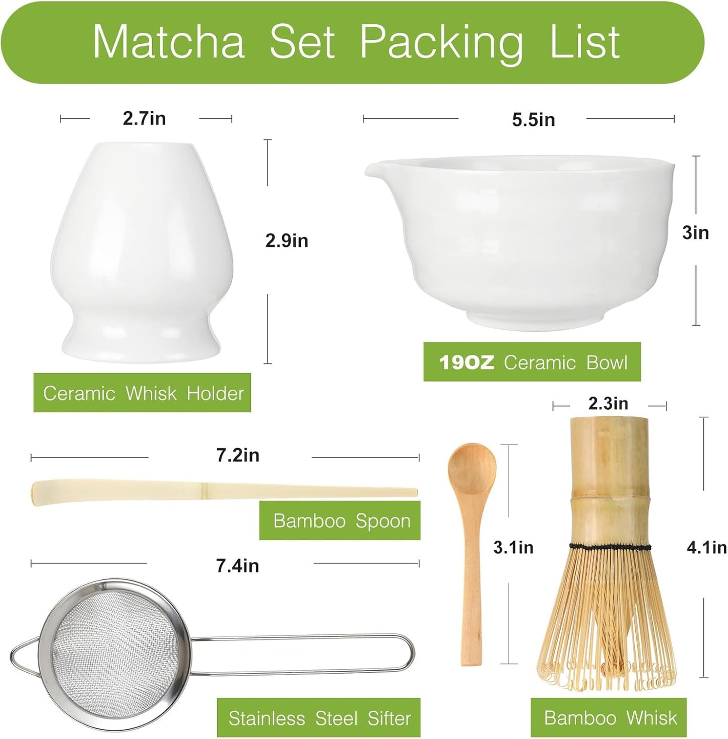 Matcha Whisk Set, 6 Pcs Matcha Set with Bamboo Matcha Scoop and Stainless Steel Sifter/Pouring Spout Ceramic Bowl/Matcha spoon/Matcha Whisk Holder, -19 oz Japanese Tea Ceremony Kit for Gifts (White)